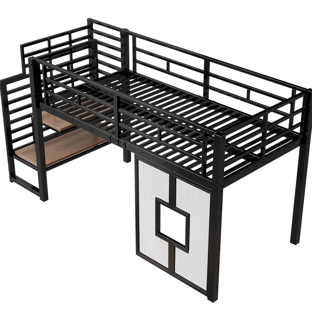 ModernLuxe Lit mezzanine en métal 90x200cm - Avec escalier de rangement - Avec éclairage LED - Design fenêtre - Noir ( sans matelas )* Lit Mezzanine