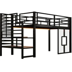 ModernLuxe Lit mezzanine en métal 90x200cm - Avec escalier de rangement - Avec éclairage LED - Design fenêtre - Noir ( sans matelas )* Lit Mezzanine