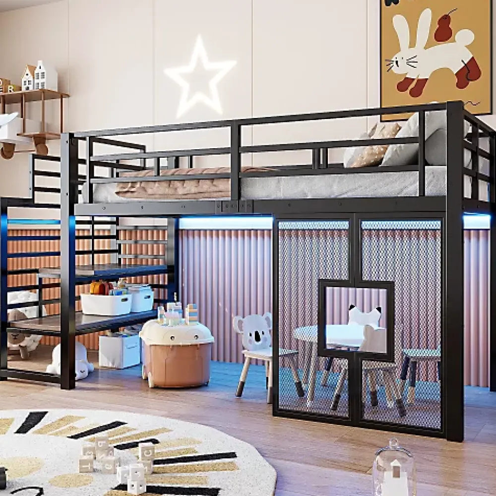 ModernLuxe Lit mezzanine en métal 90x200cm - Avec escalier de rangement - Avec éclairage LED - Design fenêtre - Noir ( sans matelas )* Lit Mezzanine