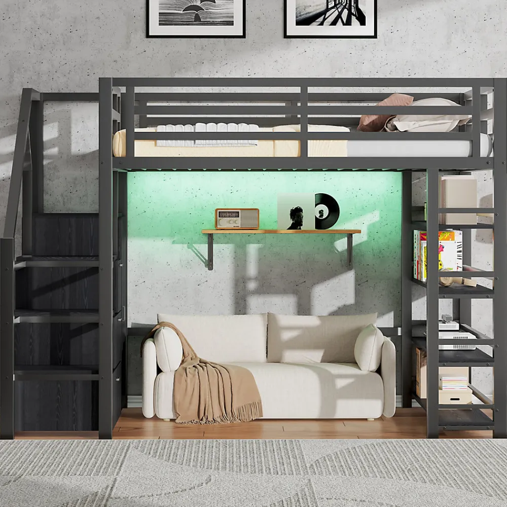 Lit mezzanine en métal 140x200cm - avec LED - échelle de rangement - avec armoire et étagères - Noir ( sans matelas)>ModernLuxe Sale