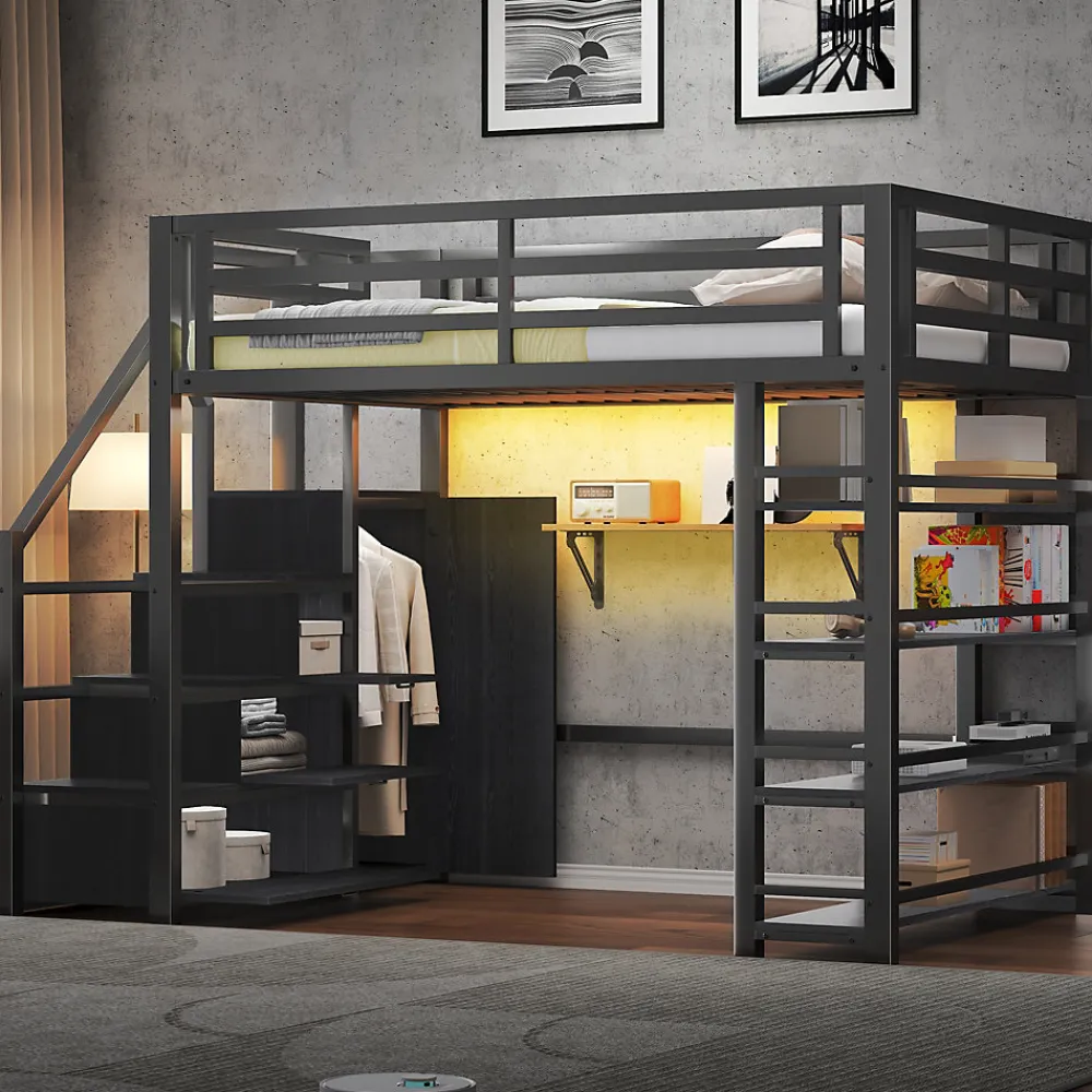 Lit mezzanine en métal 140x200cm - avec LED - échelle de rangement - avec armoire et étagères - Noir ( sans matelas)>ModernLuxe Sale