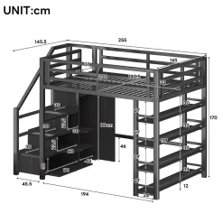 Lit mezzanine en métal 140x200cm - avec LED - échelle de rangement - avec armoire et étagères - Noir ( sans matelas)><noscript><img width=