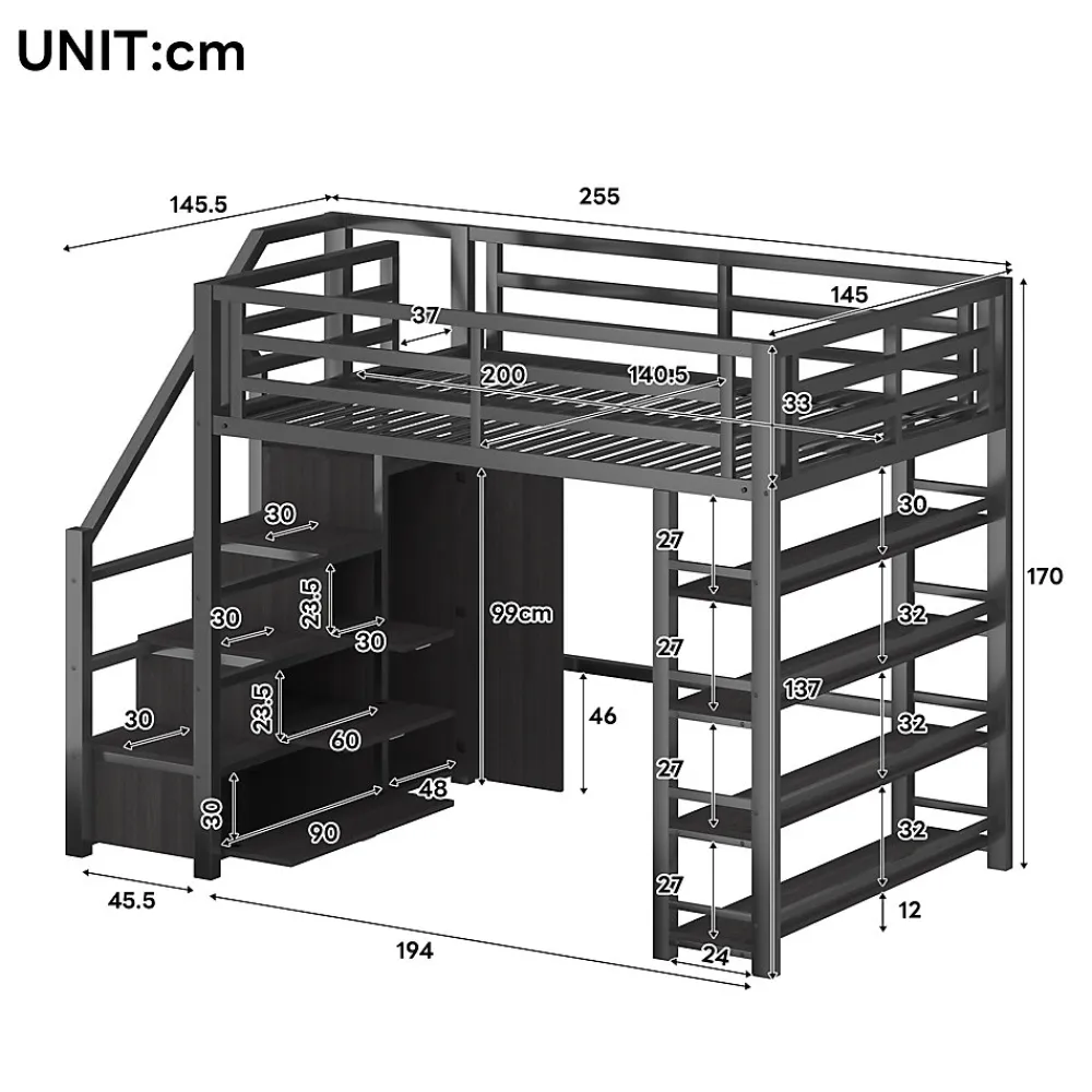 Lit mezzanine en métal 140x200cm - avec LED - échelle de rangement - avec armoire et étagères - Noir ( sans matelas)>ModernLuxe Sale
