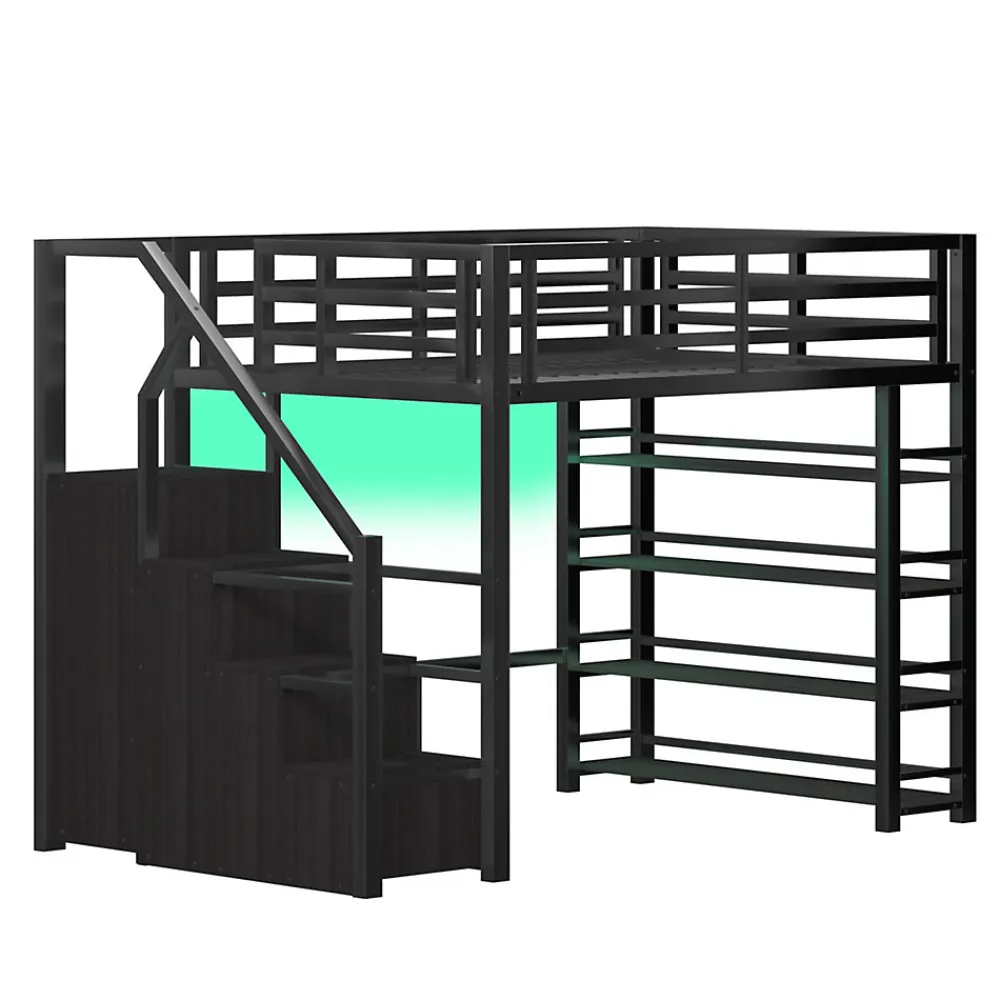 Lit mezzanine en métal 140x200cm - avec LED - échelle de rangement - avec armoire et étagères - Noir ( sans matelas)>ModernLuxe Sale