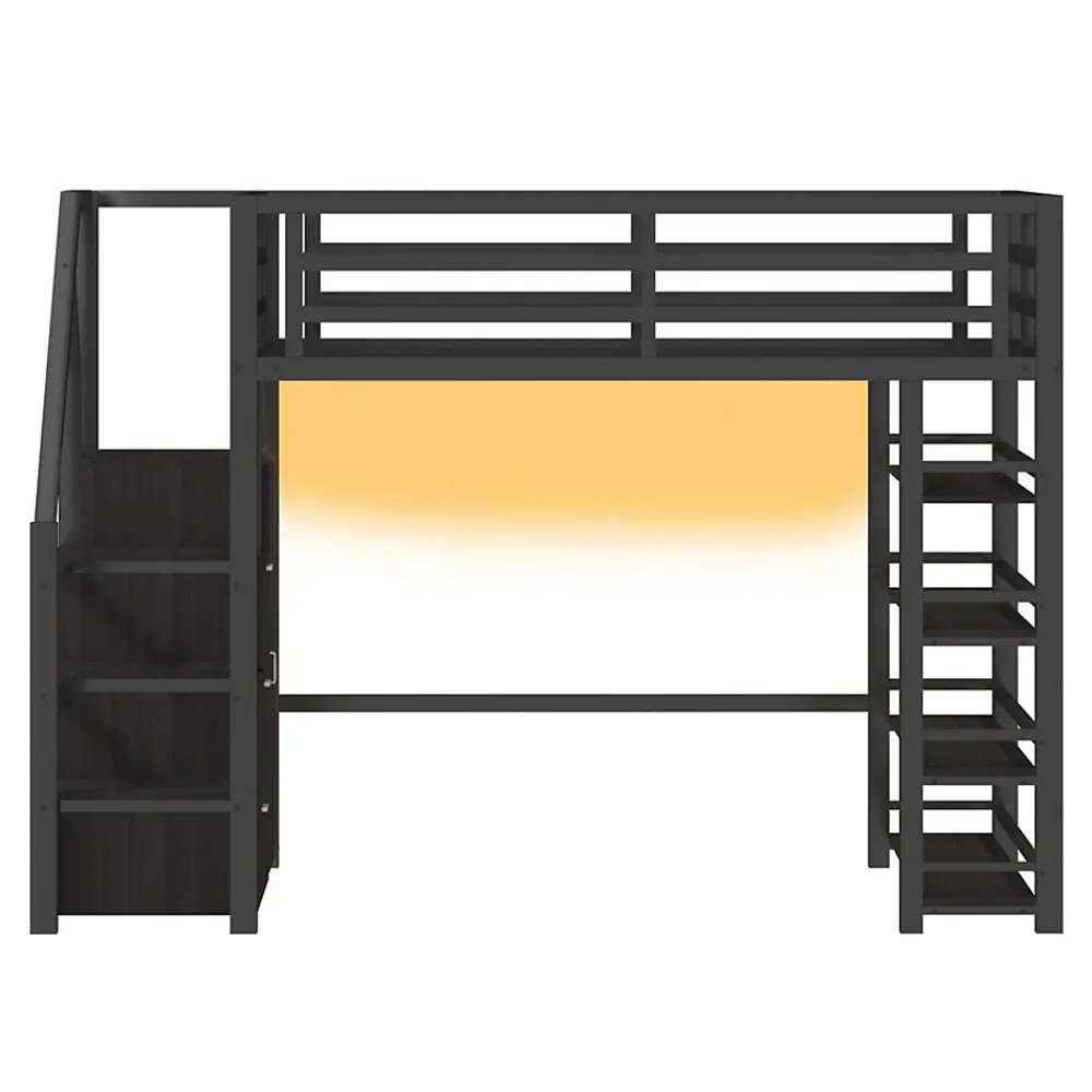 Lit mezzanine en métal 140x200cm - avec LED - échelle de rangement - avec armoire et étagères - Noir ( sans matelas)>ModernLuxe Sale