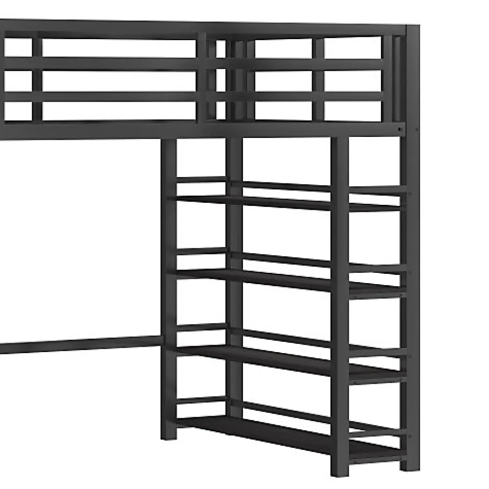 Lit mezzanine en métal 140x200cm - avec LED - échelle de rangement - avec armoire et étagères - Noir ( sans matelas)>ModernLuxe Sale