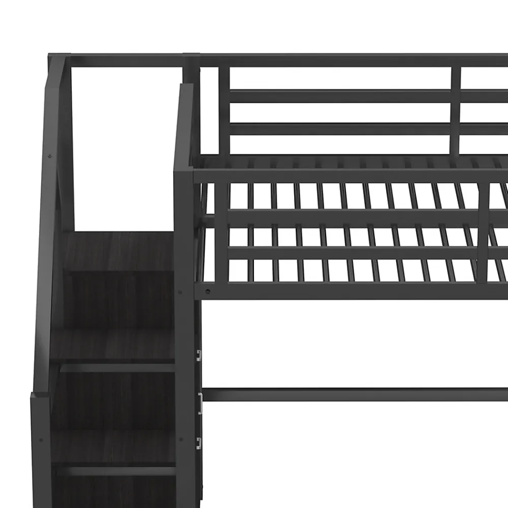 Lit mezzanine en métal 140x200cm - avec LED - échelle de rangement - avec armoire et étagères - Noir ( sans matelas)>ModernLuxe Sale
