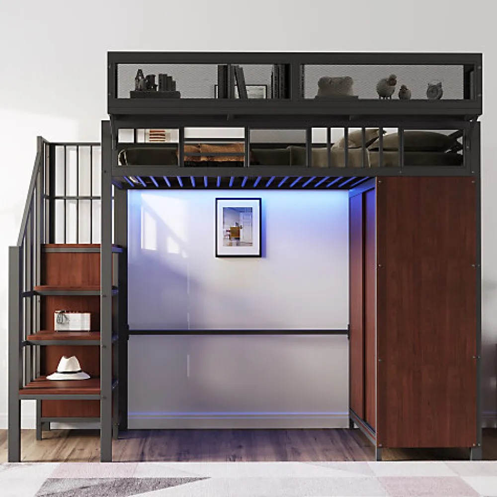 Lit mezzanine en métal 90x200cm avec armoire - échelle de sécurité - avec LED - barrières de sécurité - noir (sans matelas)>ModernLuxe Outlet