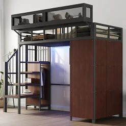 Lit mezzanine en métal 90x200cm avec armoire - échelle de sécurité - avec LED - barrières de sécurité - noir (sans matelas)><noscript><img width=