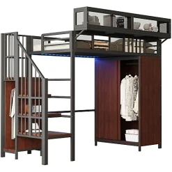 Lit mezzanine en métal 90x200cm avec armoire - échelle de sécurité - avec LED - barrières de sécurité - noir (sans matelas)><noscript><img width=