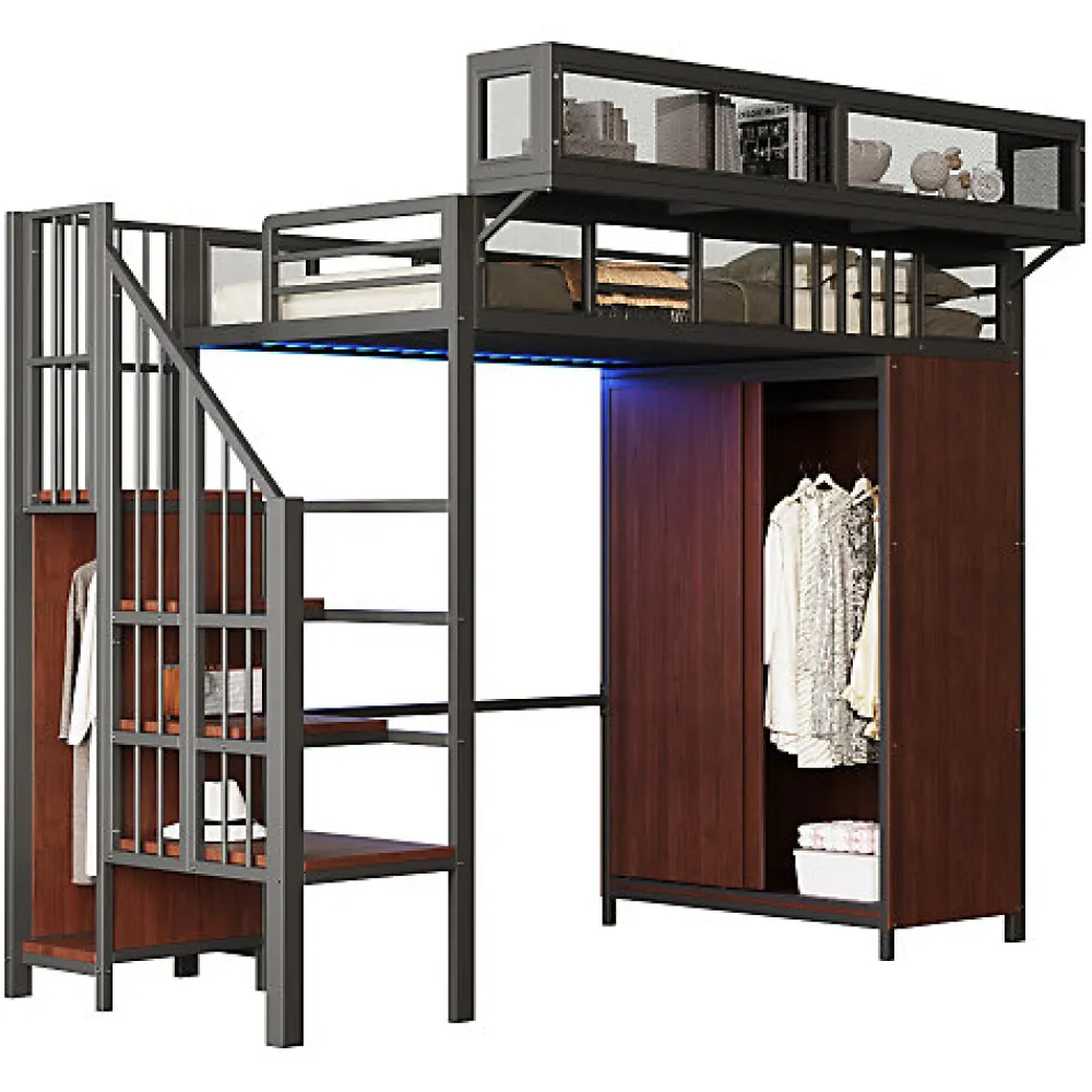 Lit mezzanine en métal 90x200cm avec armoire - échelle de sécurité - avec LED - barrières de sécurité - noir (sans matelas)>ModernLuxe Outlet