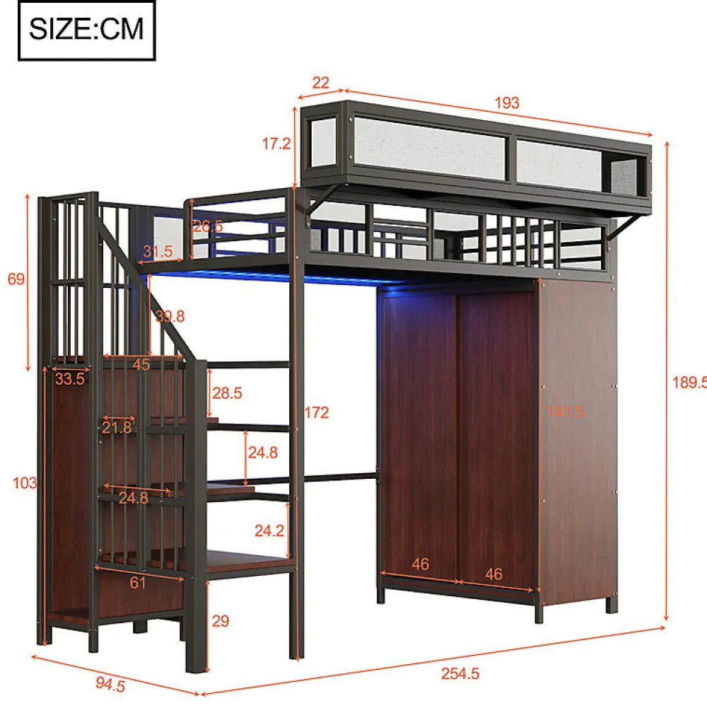 Lit mezzanine en métal 90x200cm avec armoire - échelle de sécurité - avec LED - barrières de sécurité - noir (sans matelas)>ModernLuxe Outlet