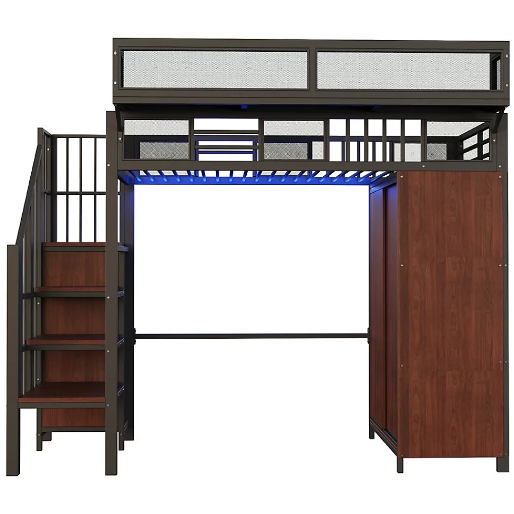 Lit mezzanine en métal 90x200cm avec armoire - échelle de sécurité - avec LED - barrières de sécurité - noir (sans matelas)>ModernLuxe Outlet