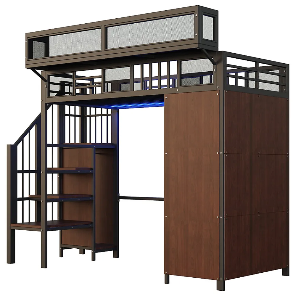 Lit mezzanine en métal 90x200cm avec armoire - échelle de sécurité - avec LED - barrières de sécurité - noir (sans matelas)>ModernLuxe Outlet