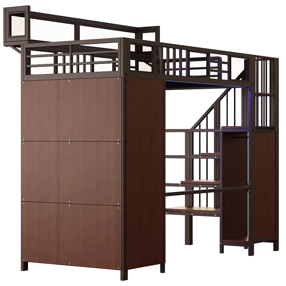 Lit mezzanine en métal 90x200cm avec armoire - échelle de sécurité - avec LED - barrières de sécurité - noir (sans matelas)>ModernLuxe Outlet