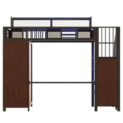 Lit mezzanine en métal 90x200cm avec armoire - échelle de sécurité - avec LED - barrières de sécurité - noir (sans matelas)><noscript><img width=