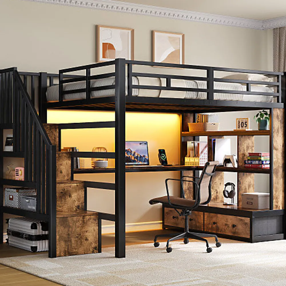 Lit mezzanine en métal 140x200cm avec LED - avec bureau et étagères - 2 tiroirs et escalier de rangement - Noir(sans matelas)>ModernLuxe New