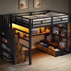 Lit mezzanine en métal 140x200cm avec LED - avec bureau et étagères - 2 tiroirs et escalier de rangement - Noir(sans matelas)>ModernLuxe New