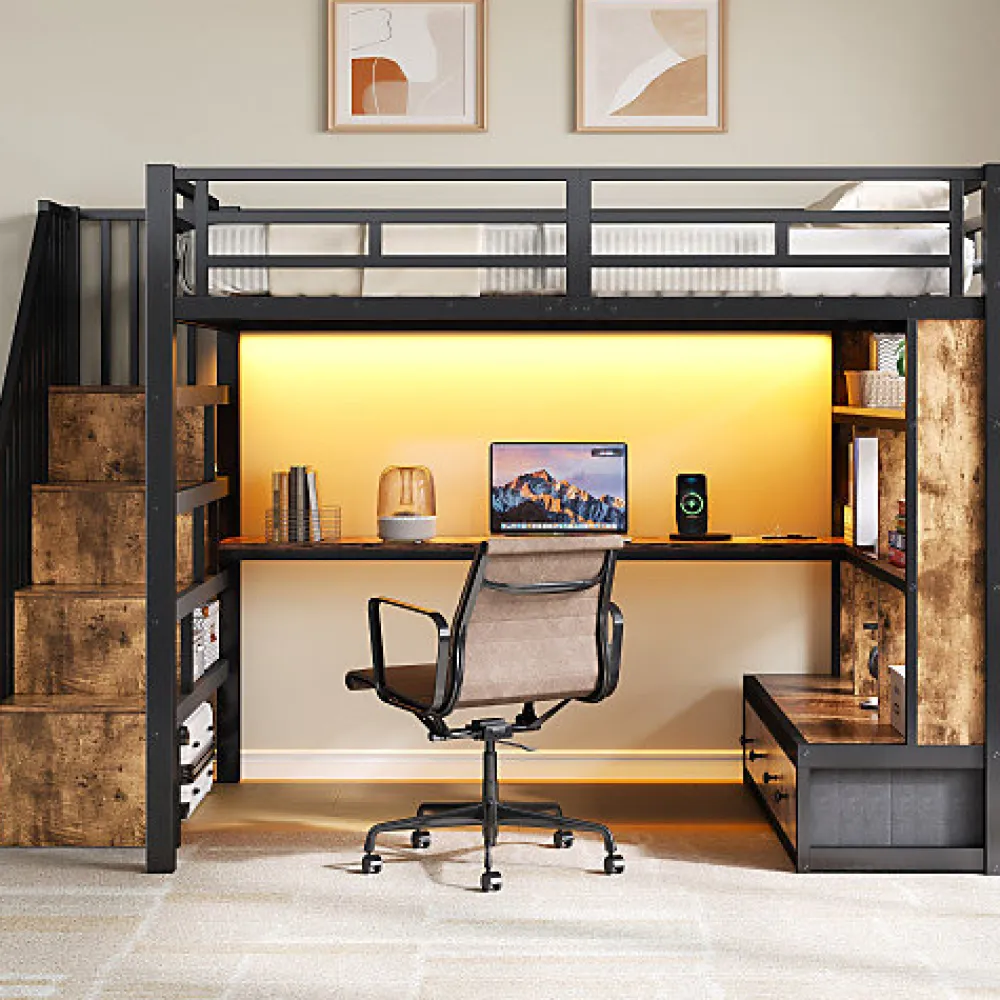 Lit mezzanine en métal 140x200cm avec LED - avec bureau et étagères - 2 tiroirs et escalier de rangement - Noir(sans matelas)>ModernLuxe New