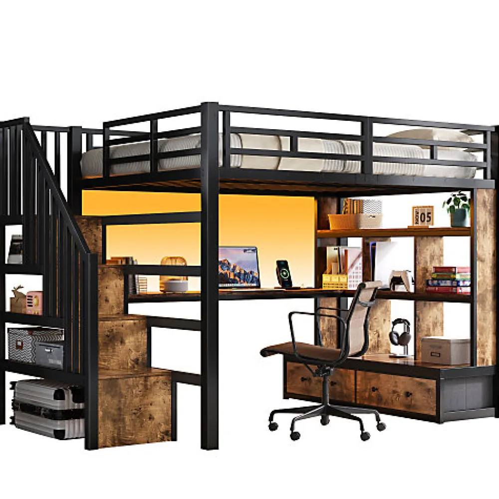 Lit mezzanine en métal 140x200cm avec LED - avec bureau et étagères - 2 tiroirs et escalier de rangement - Noir(sans matelas)>ModernLuxe New