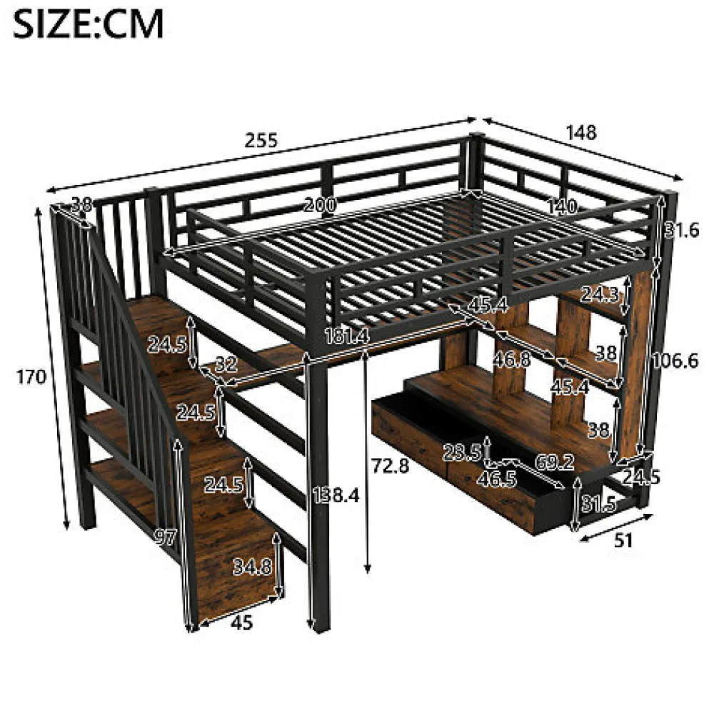 Lit mezzanine en métal 140x200cm avec LED - avec bureau et étagères - 2 tiroirs et escalier de rangement - Noir(sans matelas)>ModernLuxe New
