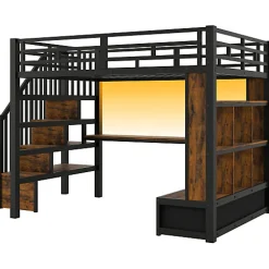 Lit mezzanine en métal 140x200cm avec LED - avec bureau et étagères - 2 tiroirs et escalier de rangement - Noir(sans matelas)><noscript><img width=