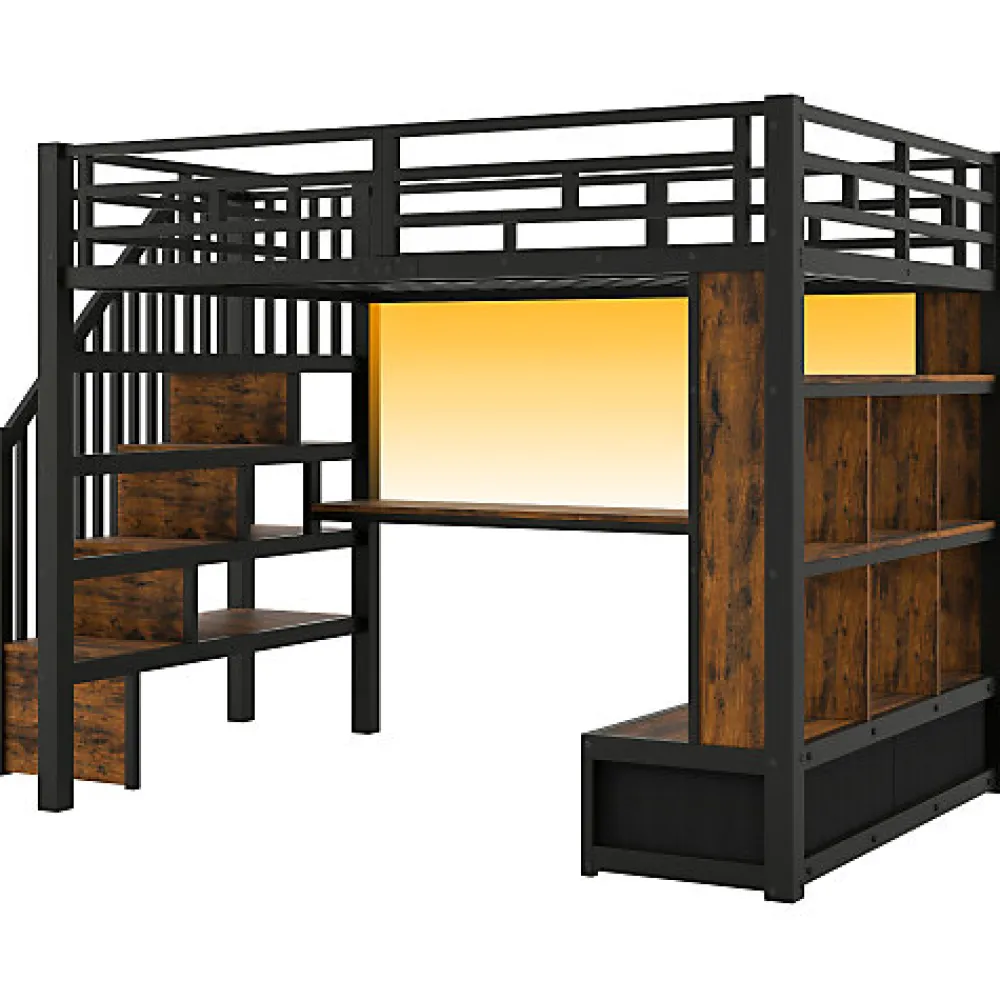 Lit mezzanine en métal 140x200cm avec LED - avec bureau et étagères - 2 tiroirs et escalier de rangement - Noir(sans matelas)>ModernLuxe New