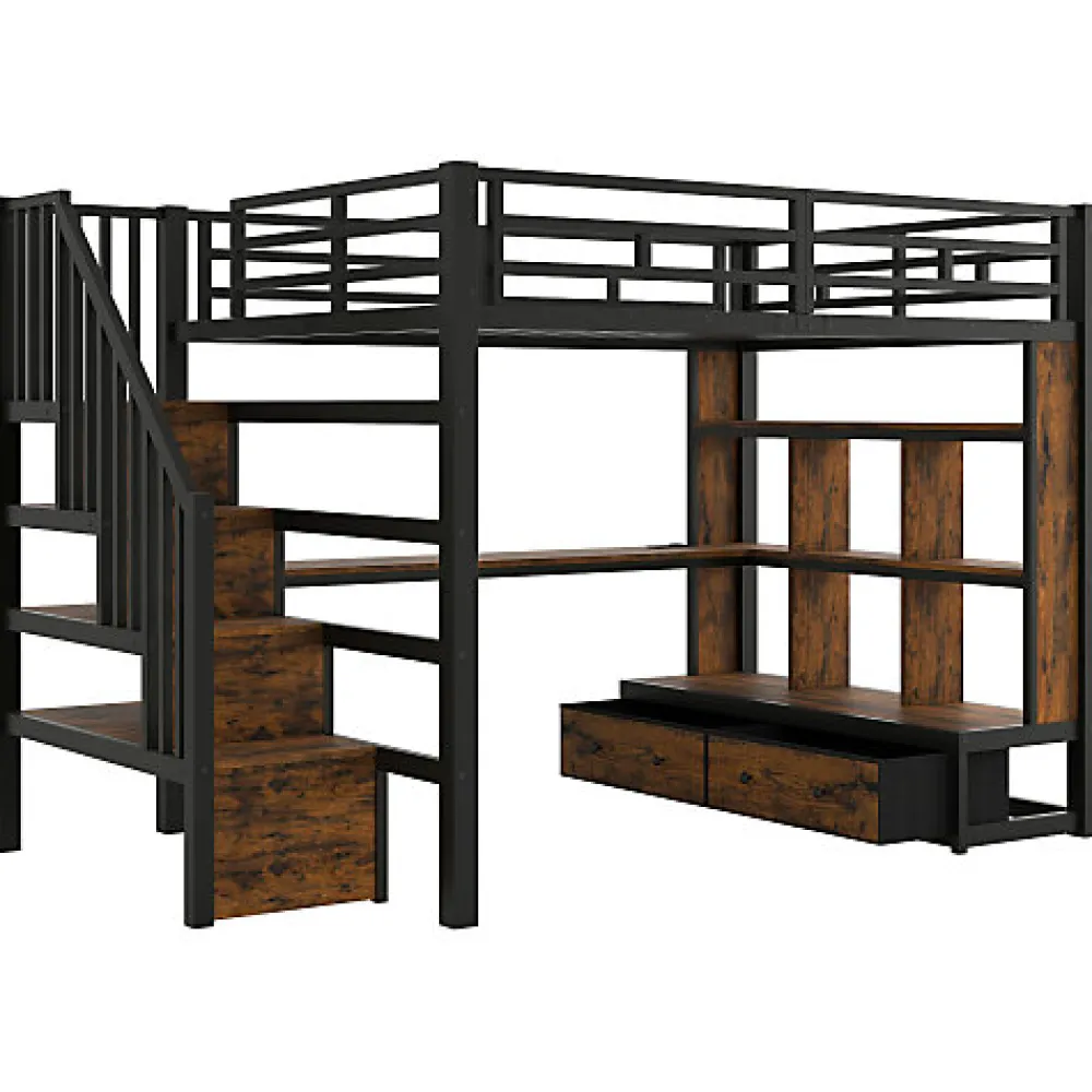 Lit mezzanine en métal 140x200cm avec LED - avec bureau et étagères - 2 tiroirs et escalier de rangement - Noir(sans matelas)>ModernLuxe New