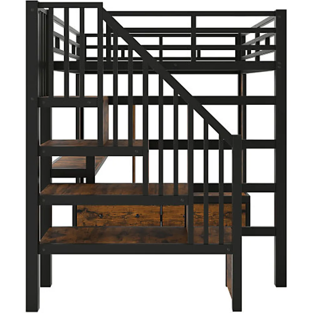 Lit mezzanine en métal 140x200cm avec LED - avec bureau et étagères - 2 tiroirs et escalier de rangement - Noir(sans matelas)>ModernLuxe New