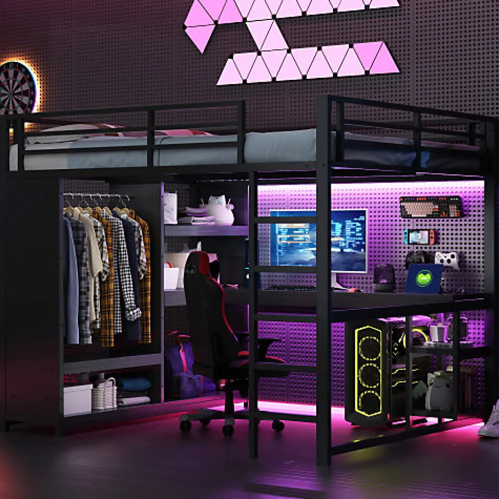 Lit mezzanine en métal 160x200cm avec LED - Bureau et compartiments de rangement - Armoire ouverte - Noir (sans matelas)>ModernLuxe New