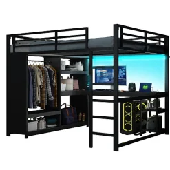 Lit mezzanine en métal 160x200cm avec LED - Bureau et compartiments de rangement - Armoire ouverte - Noir (sans matelas)><noscript><img width=