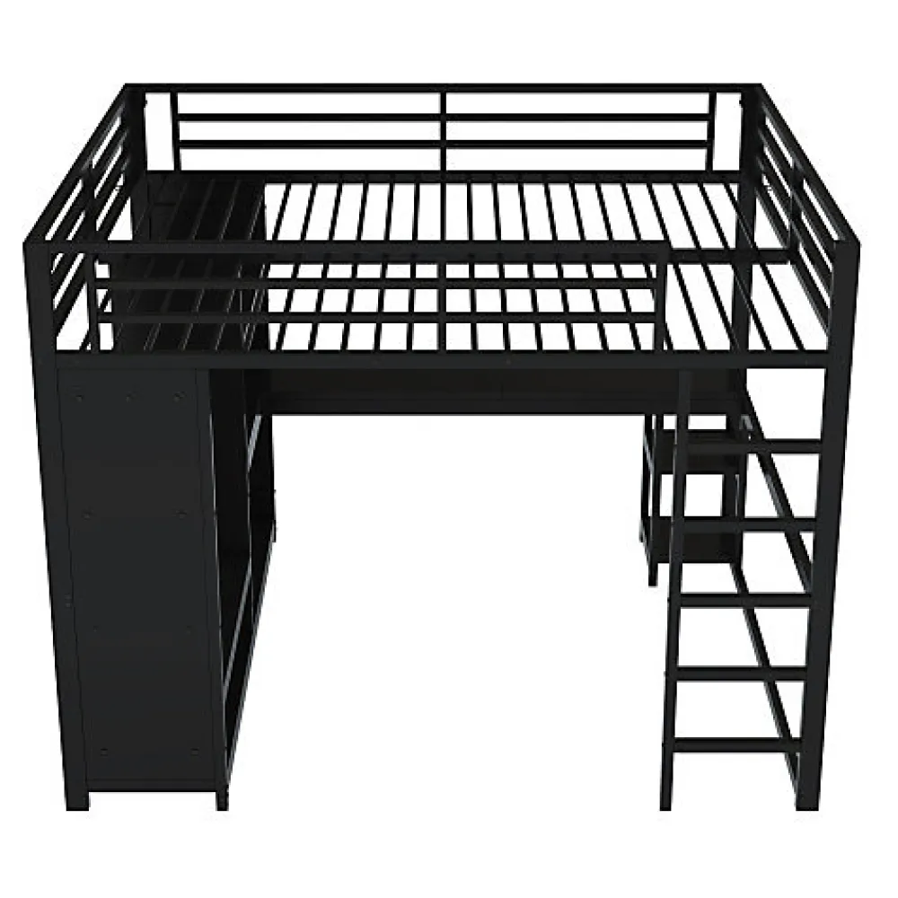 Lit mezzanine en métal 160x200cm avec LED - Bureau et compartiments de rangement - Armoire ouverte - Noir (sans matelas)>ModernLuxe New
