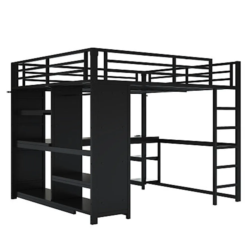 Lit mezzanine en métal 160x200cm avec LED - Bureau et compartiments de rangement - Armoire ouverte - Noir (sans matelas)>ModernLuxe New
