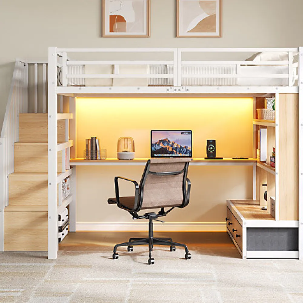 Lit mezzanine en métal 140x200cm avec LED - avec bureau et étagères - 2 tiroirs et escalier de rangement - Blanc (sans matelas)>ModernLuxe New