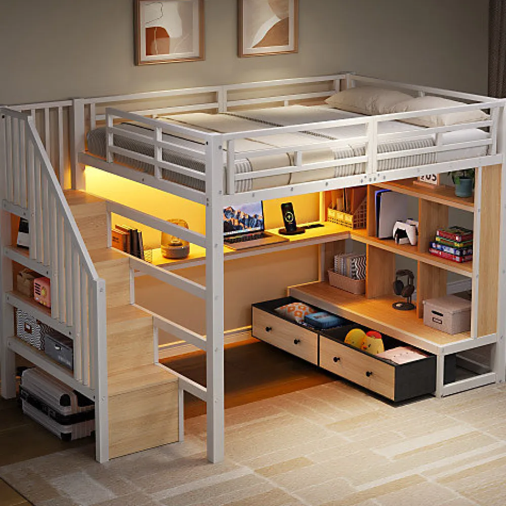 Lit mezzanine en métal 140x200cm avec LED - avec bureau et étagères - 2 tiroirs et escalier de rangement - Blanc (sans matelas)>ModernLuxe New
