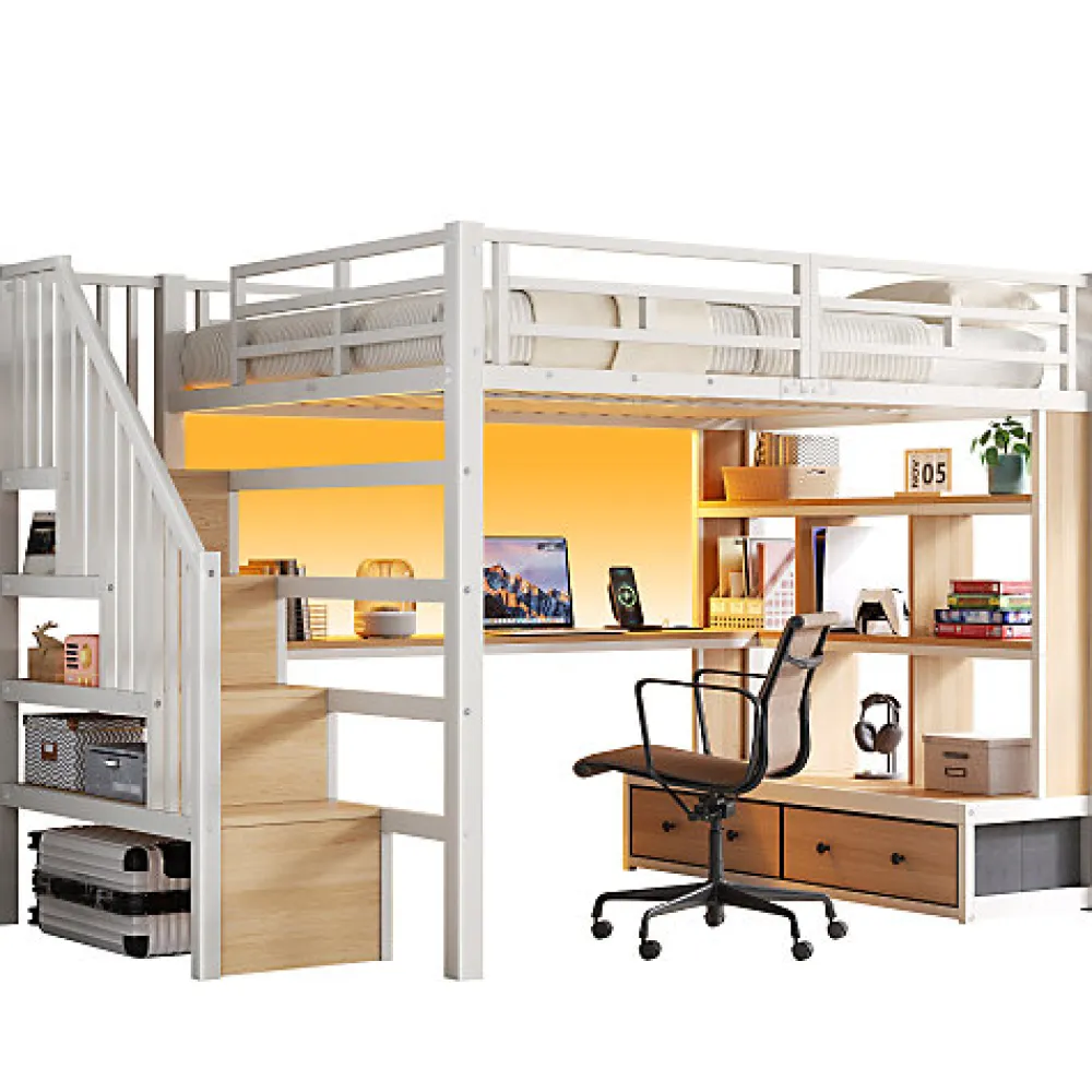 Lit mezzanine en métal 140x200cm avec LED - avec bureau et étagères - 2 tiroirs et escalier de rangement - Blanc (sans matelas)>ModernLuxe New