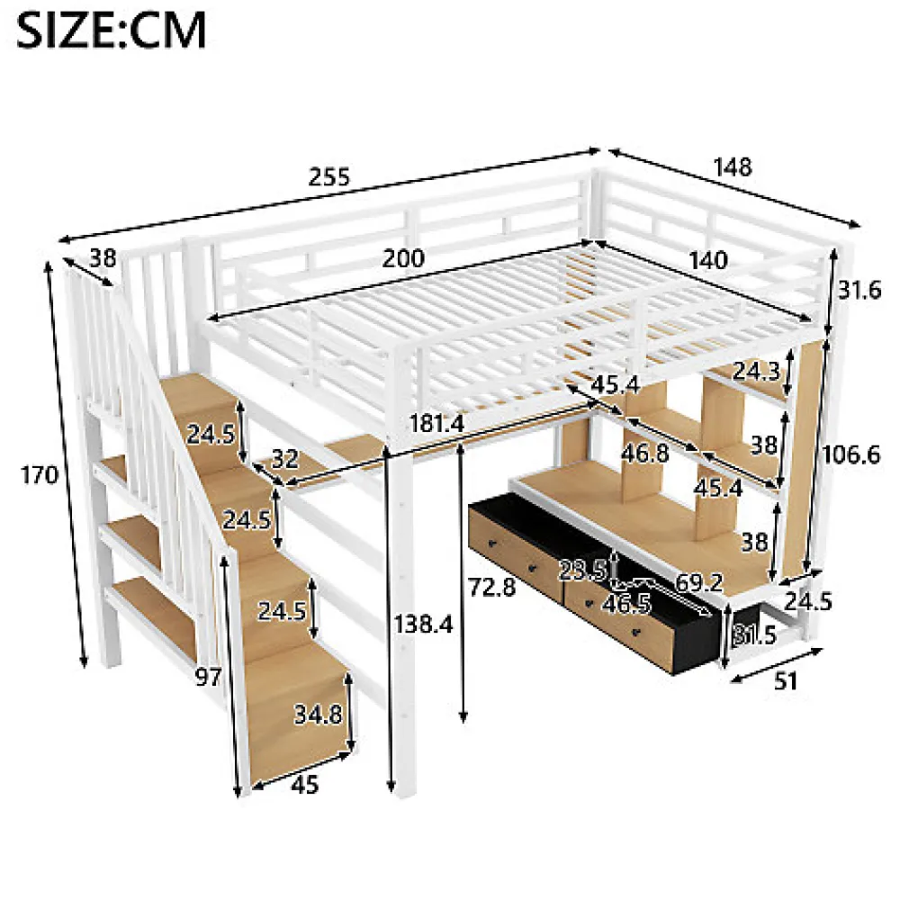Lit mezzanine en métal 140x200cm avec LED - avec bureau et étagères - 2 tiroirs et escalier de rangement - Blanc (sans matelas)>ModernLuxe New
