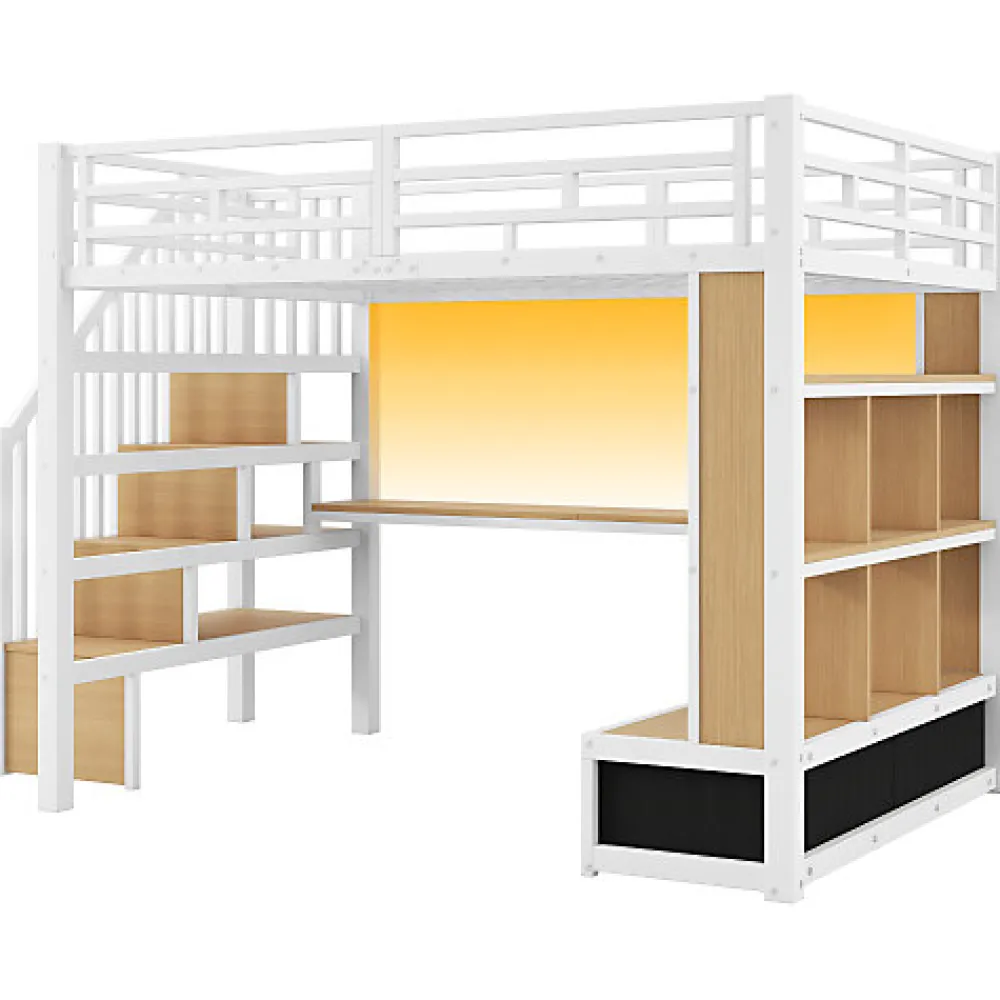 Lit mezzanine en métal 140x200cm avec LED - avec bureau et étagères - 2 tiroirs et escalier de rangement - Blanc (sans matelas)>ModernLuxe New