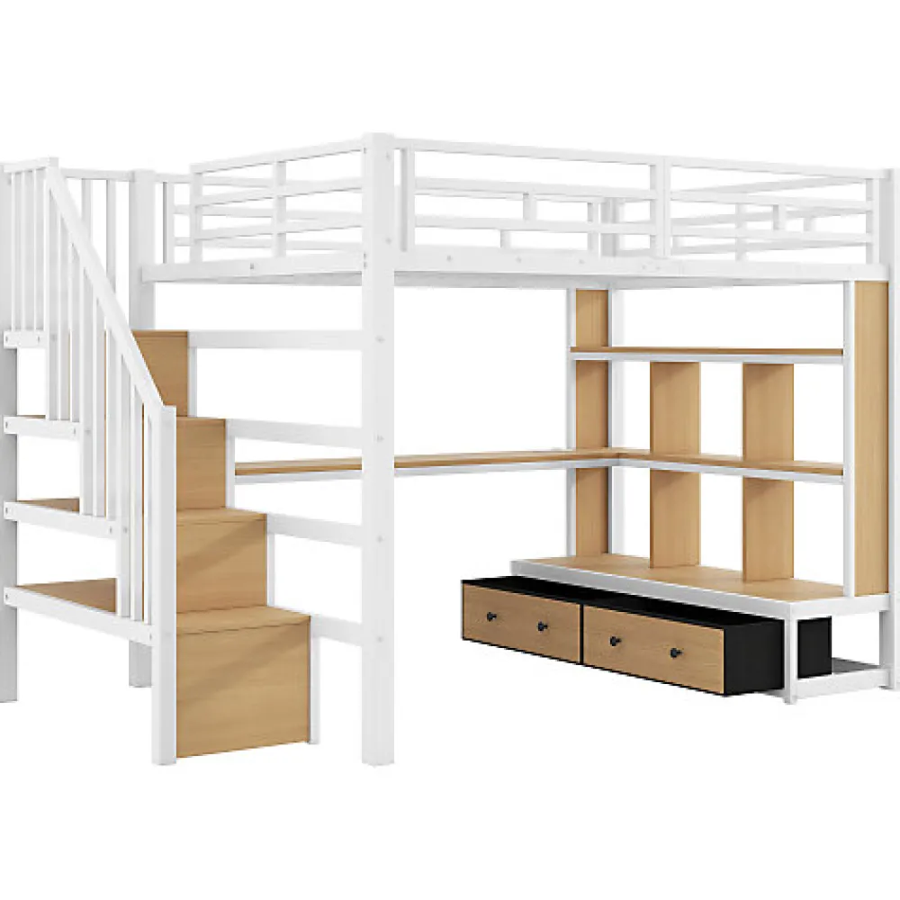 Lit mezzanine en métal 140x200cm avec LED - avec bureau et étagères - 2 tiroirs et escalier de rangement - Blanc (sans matelas)>ModernLuxe New
