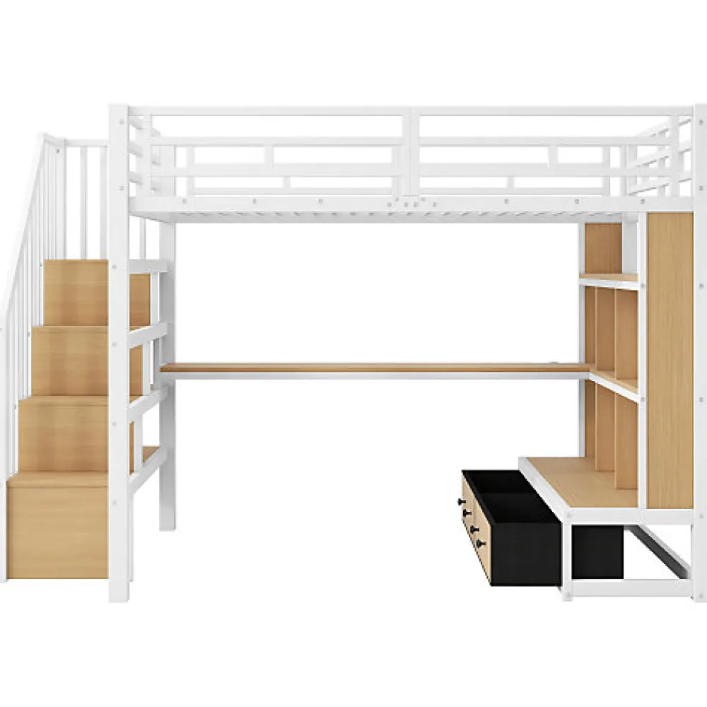 Lit mezzanine en métal 140x200cm avec LED - avec bureau et étagères - 2 tiroirs et escalier de rangement - Blanc (sans matelas)>ModernLuxe New