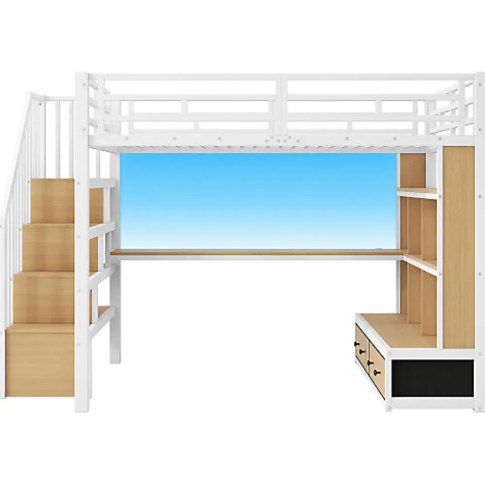 Lit mezzanine en métal 140x200cm avec LED - avec bureau et étagères - 2 tiroirs et escalier de rangement - Blanc (sans matelas)>ModernLuxe New
