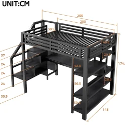 ModernLuxe Lit mezzanine en métal 140x200mm avec armoire ouverte et bureau - LED et port USB - Avec échelle de rangement et étagères - Noir* Lit Mezzanine