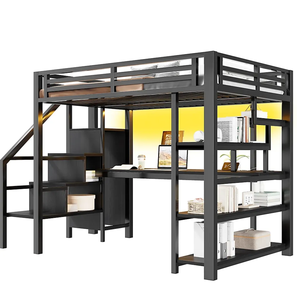 ModernLuxe Lit mezzanine en métal 140x200mm avec armoire ouverte et bureau - LED et port USB - Avec échelle de rangement et étagères - Noir* Lit Mezzanine