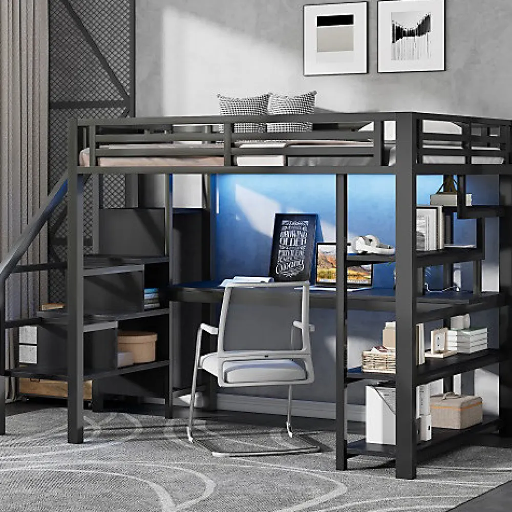 ModernLuxe Lit mezzanine en métal 140x200mm avec armoire ouverte et bureau - LED et port USB - Avec échelle de rangement et étagères - Noir* Lit Mezzanine