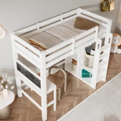 Lit Mezzanine Enfant Simple 90x200 cm - Bureau, Armoire Ouverte et Étagères, Barrières de Sécurité - sans Matelas - Blanc>Okwish Discount