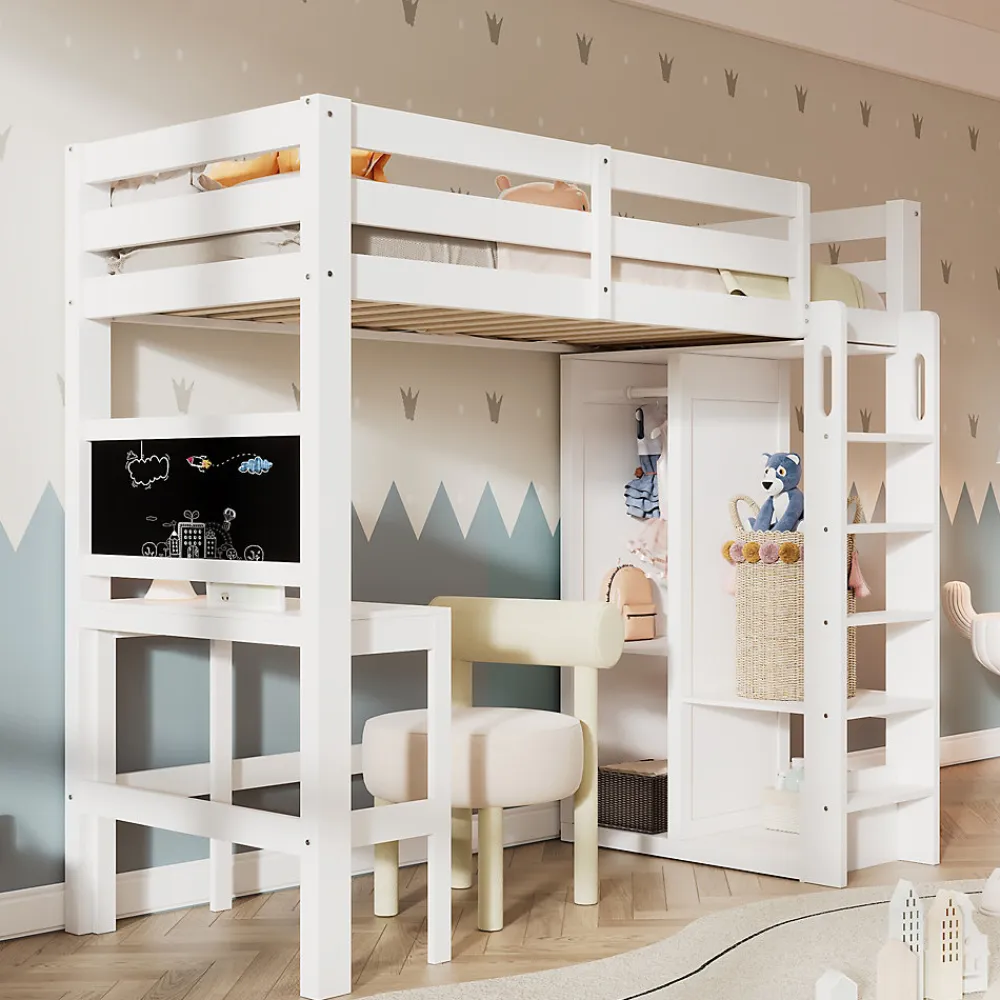 Lit Mezzanine Enfant Simple 90x200 cm - Bureau, Armoire Ouverte et Étagères, Barrières de Sécurité - sans Matelas - Blanc>Okwish Discount