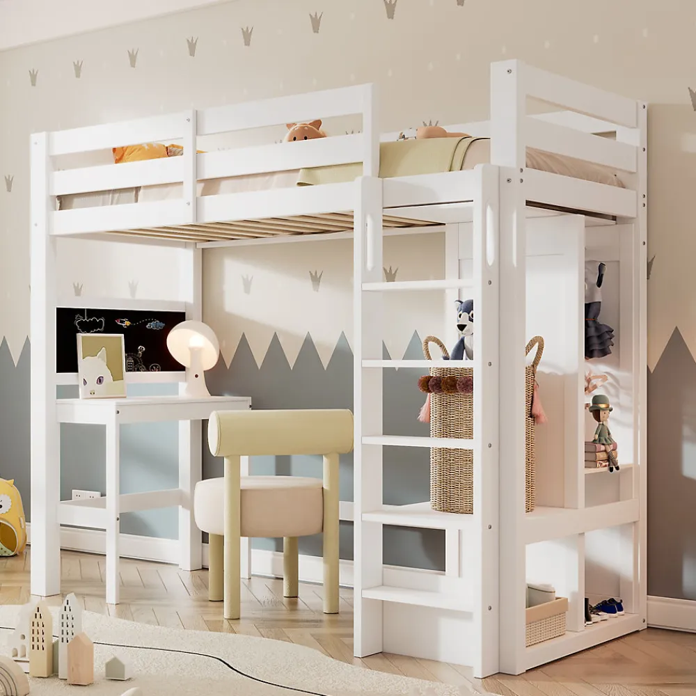 Lit Mezzanine Enfant Simple 90x200 cm - Bureau, Armoire Ouverte et Étagères, Barrières de Sécurité - sans Matelas - Blanc>Okwish Discount