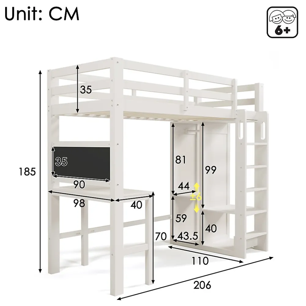 Lit Mezzanine Enfant Simple 90x200 cm - Bureau, Armoire Ouverte et Étagères, Barrières de Sécurité - sans Matelas - Blanc>Okwish Discount