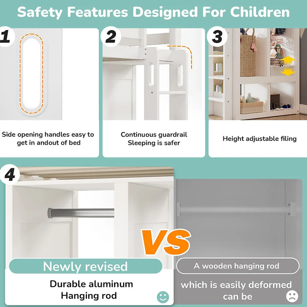 Lit Mezzanine Enfant Simple 90x200 cm - Bureau, Armoire Ouverte et Étagères, Barrières de Sécurité - sans Matelas - Blanc>Okwish Discount