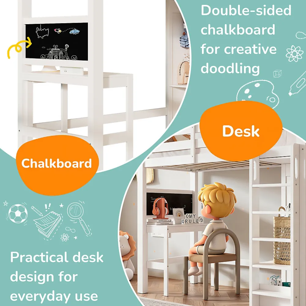 Lit Mezzanine Enfant Simple 90x200 cm - Bureau, Armoire Ouverte et Étagères, Barrières de Sécurité - sans Matelas - Blanc>Okwish Discount